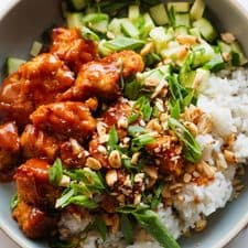 Sticky Gochujang Tofu with Peanuts and Herbs