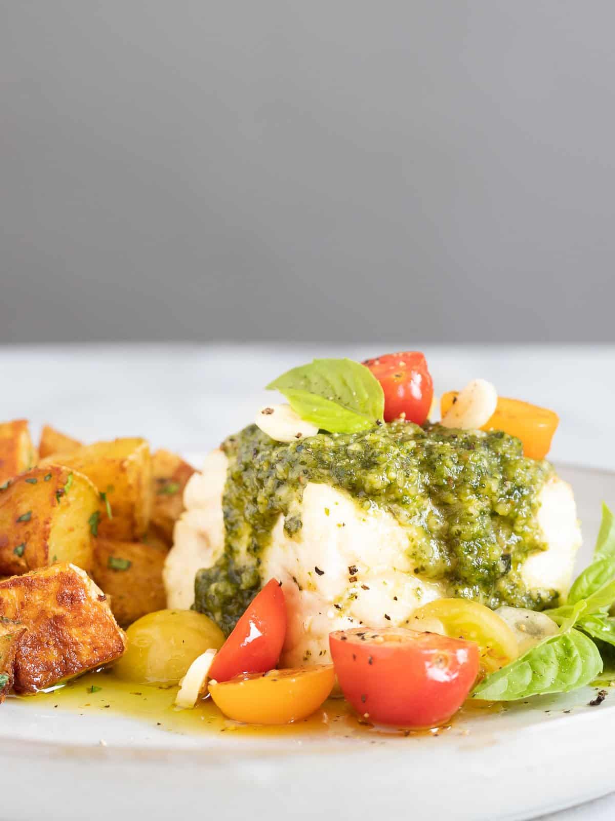 Sear-Roasted Alaskan Halibut with Macadamia Nut Pesto