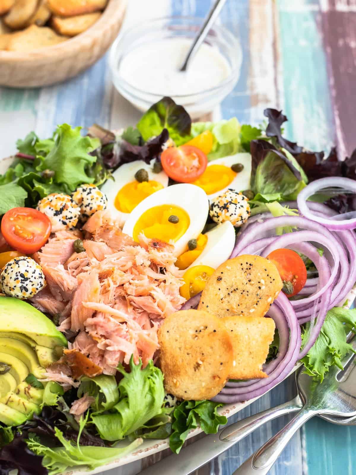 Cobb Salad with Salmon and Everything but the Bagel Dressing