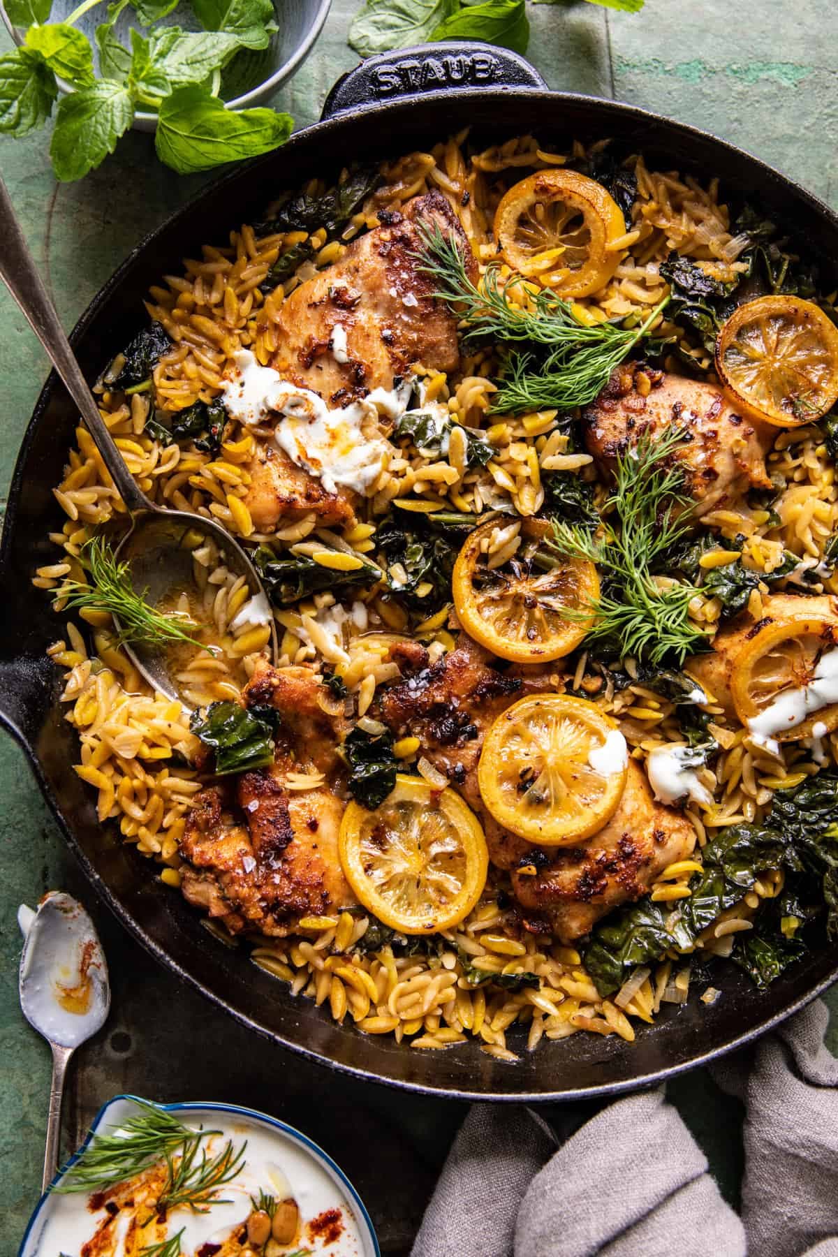 One Skillet Lemon Butter Dijon Chicken and Orzo with Feta Sauce