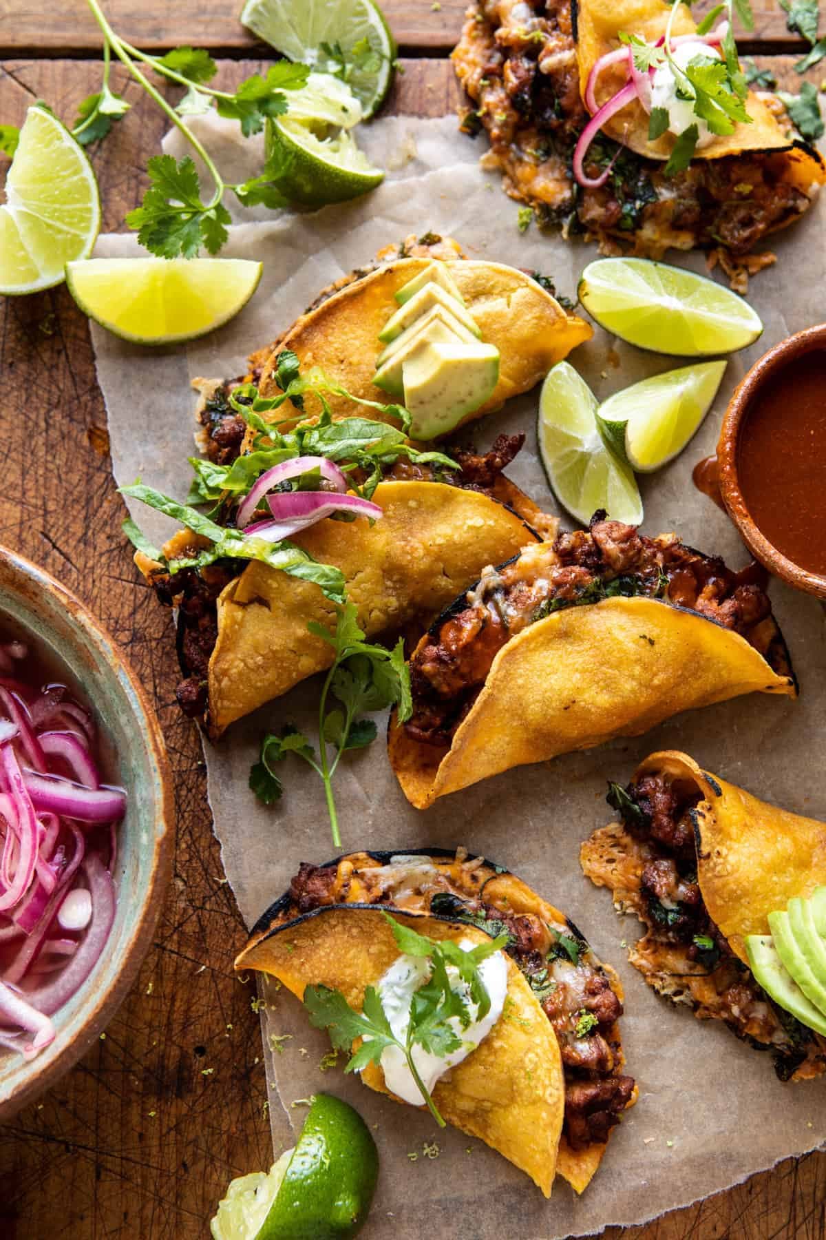 Weeknight Cheesy Baked Chipotle Chicken Tacos with Cilantro Lime Ranch.