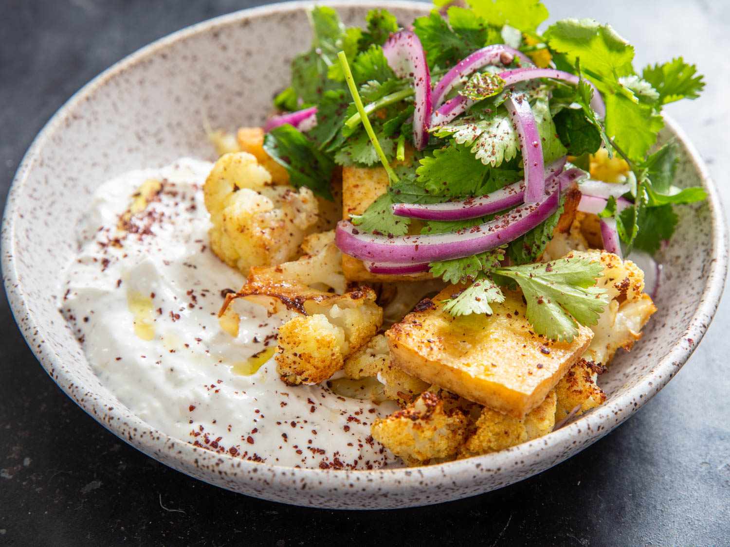 Sheet-Pan Spiced Cauliflower and Tofu With Ginger Yogurt Recipe
