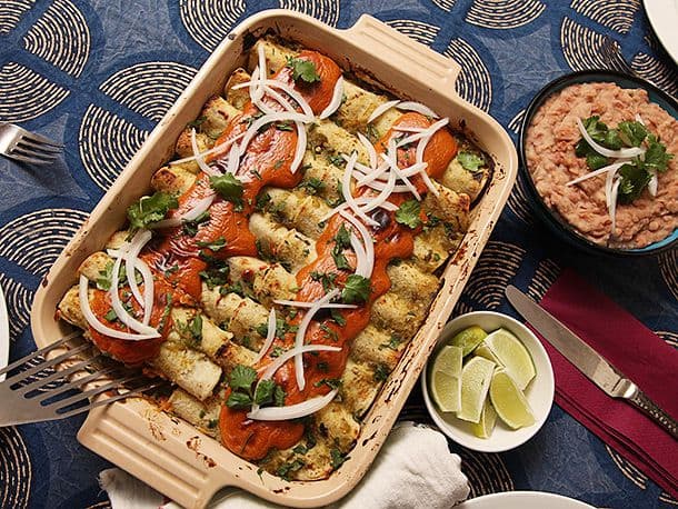 Vegan Spinach and Hominy Enchiladas With Spicy Cashew Cream