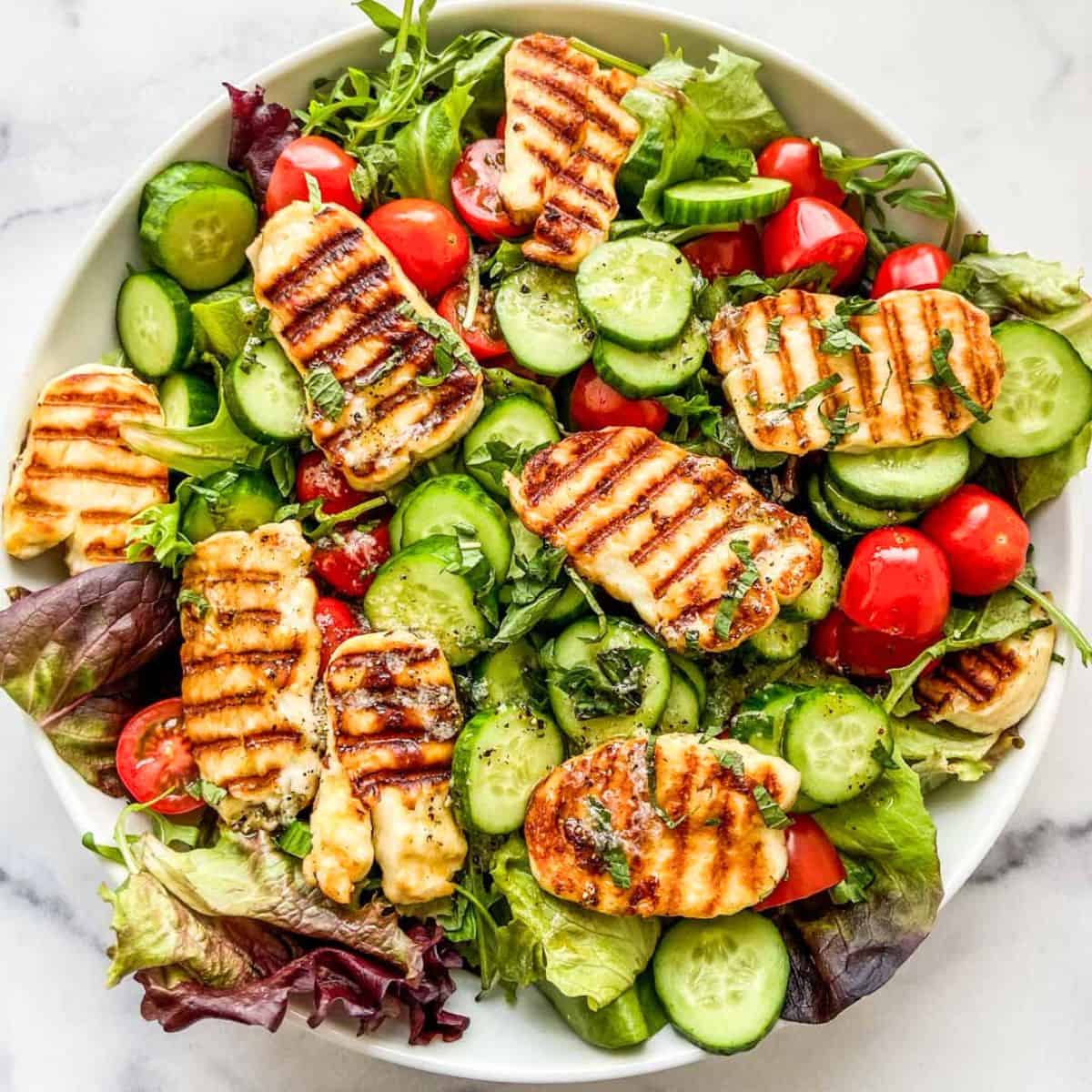 Grilled Halloumi Salad with Tomatoes & Cucumbers