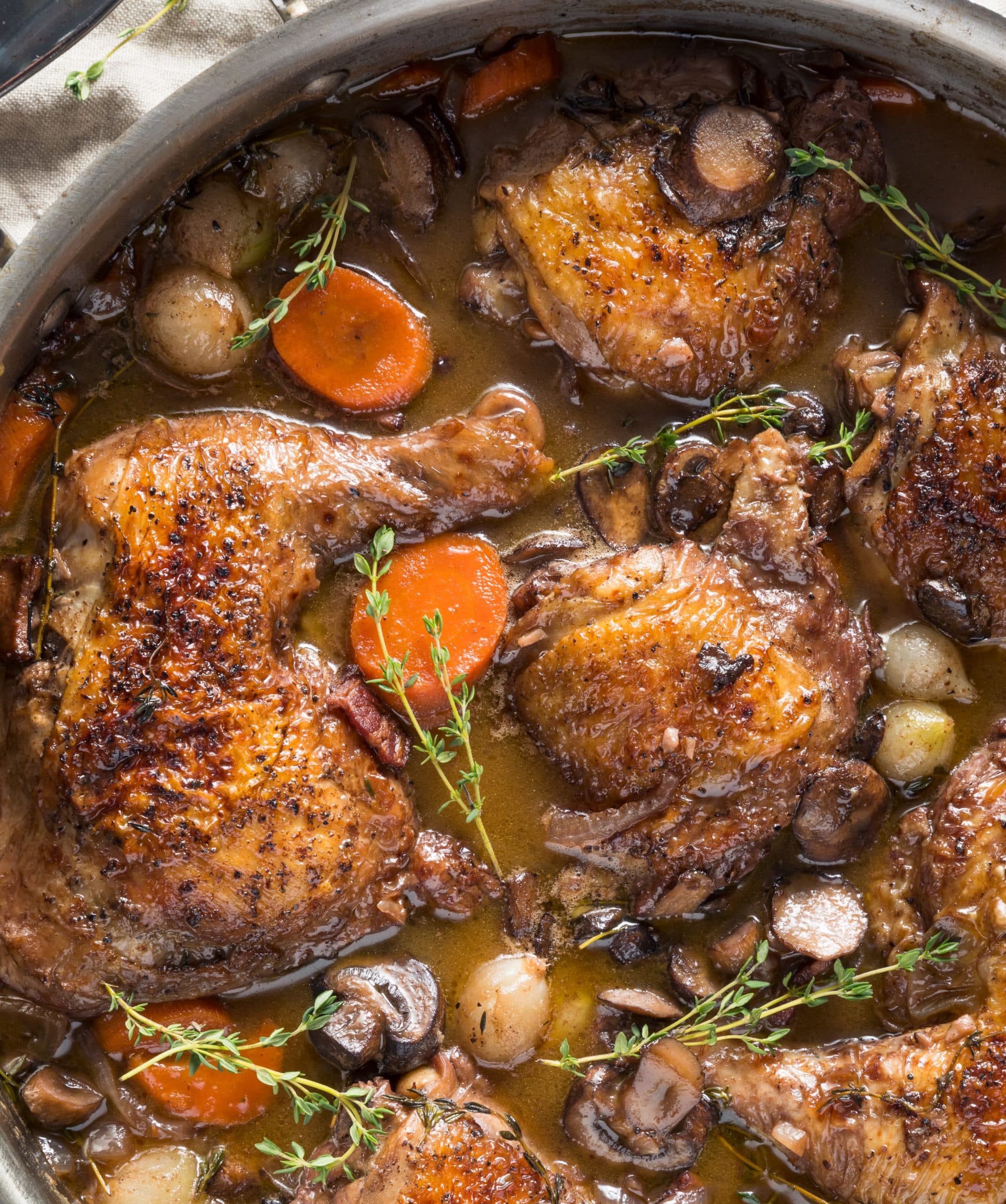 Easy Coq Au Vin (Chicken Braised in Red Wine) with Instant Pot option