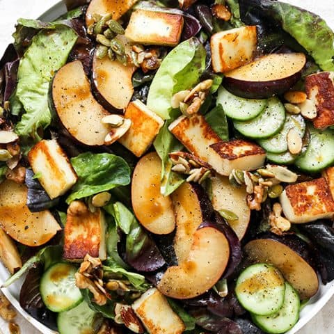 Plum and Fried Halloumi Salad with Maple-Nut Clusters