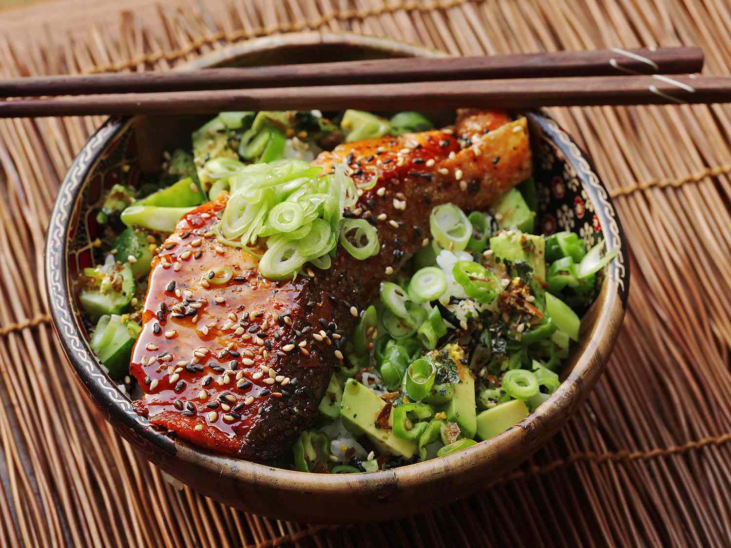 Easy Teriyaki-Glazed Salmon, Cucumber, and Avocado Rice Bowls Recipe
