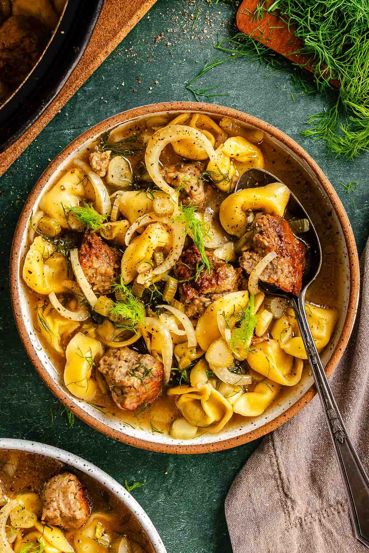 One-Pot Brothy Sausage and Fennel Pasta with Tortellini